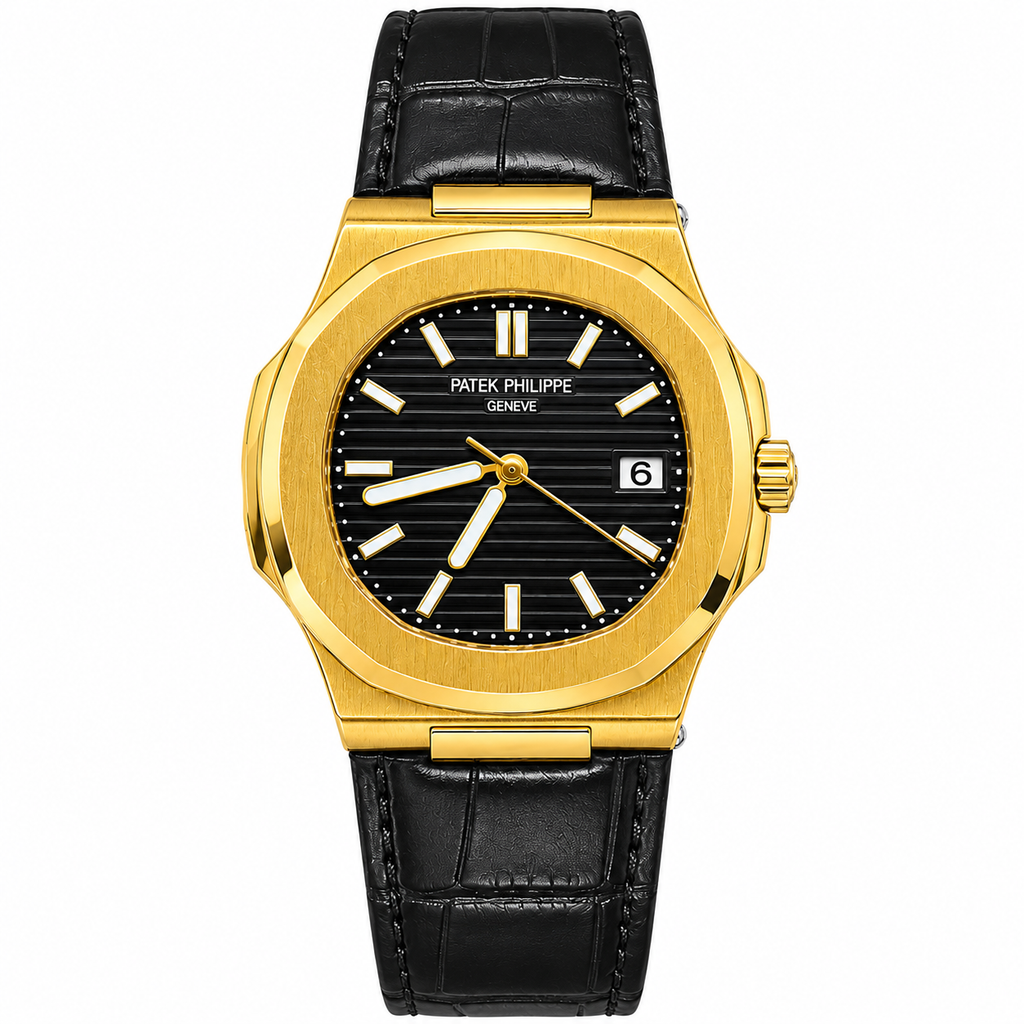 Luxury Gold-Tone Quartz Watch for Men – Black & Blue Dial, Premium Leather Strap | AAA Master Copy