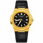 Luxury Gold-Tone Quartz Watch for Men – Black & Blue Dial, Premium Leather Strap | AAA Master Copy