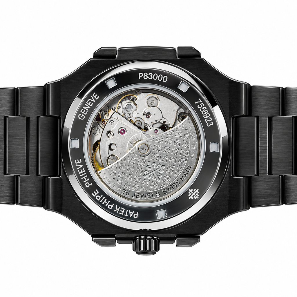 Black Luxury Watch with Blue Dial & Gold-Tone Open-Heart Design – AAA Master Copy