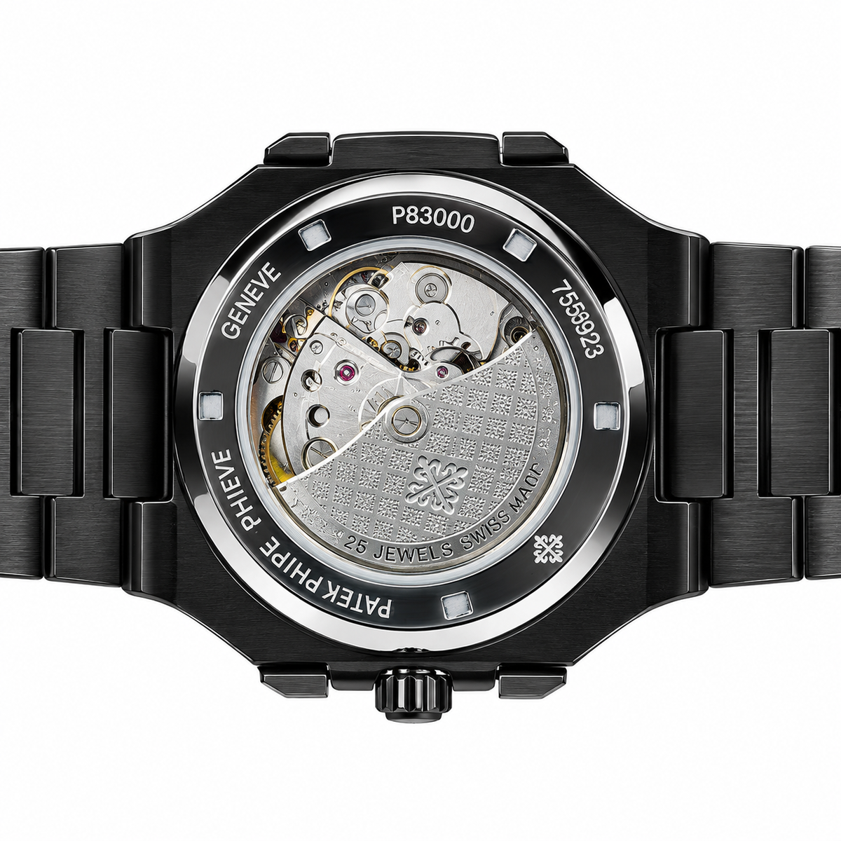Black Luxury Watch with Blue Dial & Gold-Tone Open-Heart Design – AAA Master Copy