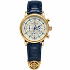 Luxury Gold-Tone Chronograph Watch with Navy Blue Leather Strap – AAA Master Copy