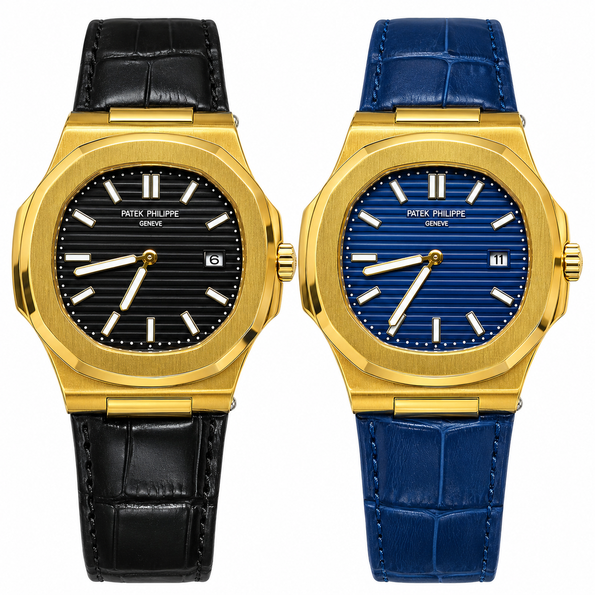 Luxury Gold-Tone Quartz Watch for Men – Black & Blue Dial, Premium Leather Strap | AAA Master Copy