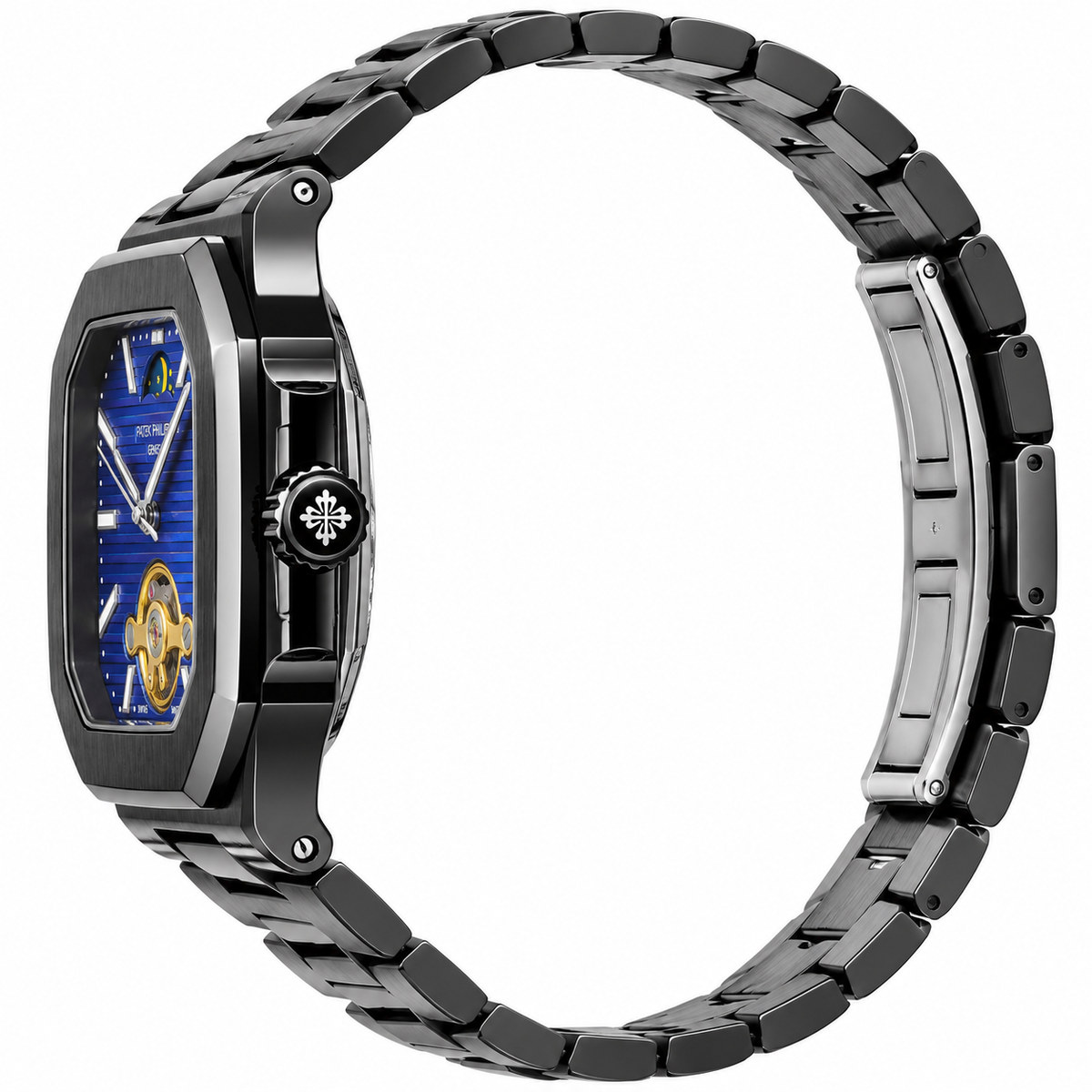 Black Luxury Watch with Blue Dial & Gold-Tone Open-Heart Design – AAA Master Copy