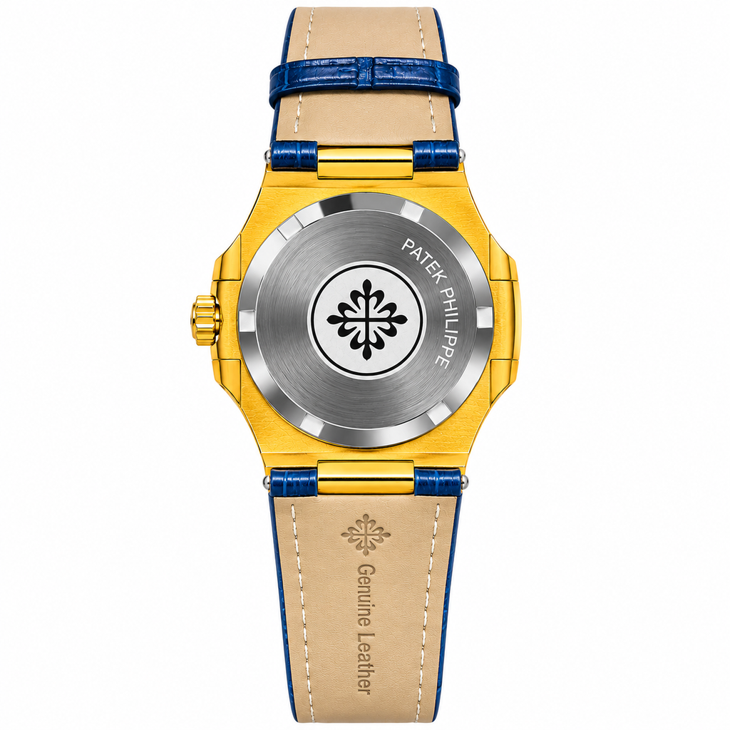 Luxury Gold-Tone Quartz Watch for Men – Black & Blue Dial, Premium Leather Strap | AAA Master Copy