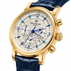 Luxury Gold-Tone Chronograph Watch with Navy Blue Leather Strap – AAA Master Copy