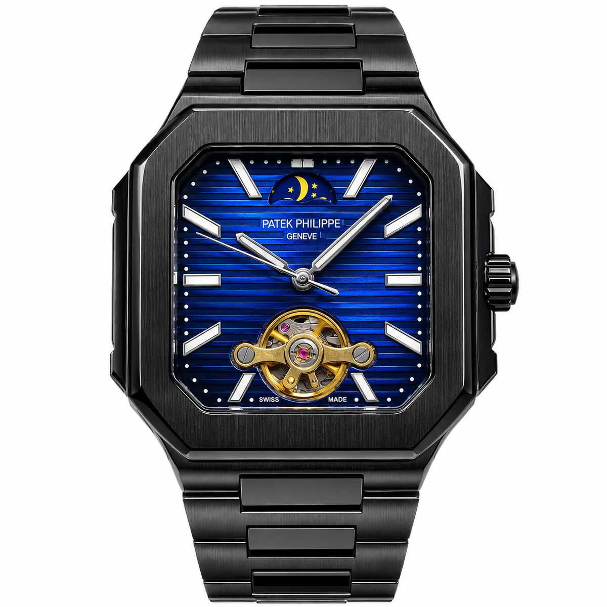 Black Luxury Watch with Blue Dial & Gold-Tone Open-Heart Design – AAA Master Copy
