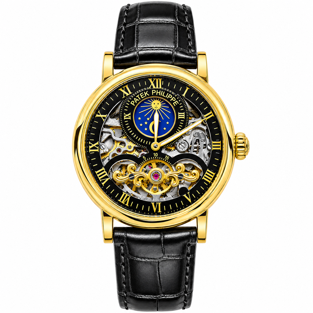 Luxury Gold Skeleton Automatic-Style Watch with Black Leather Strap – Blue Moon Dial