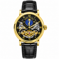 Luxury Gold Skeleton Automatic-Style Watch with Black Leather Strap – Blue Moon Dial