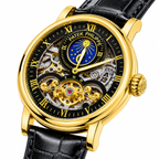 Luxury Gold Skeleton Automatic-Style Watch with Black Leather Strap – Blue Moon Dial