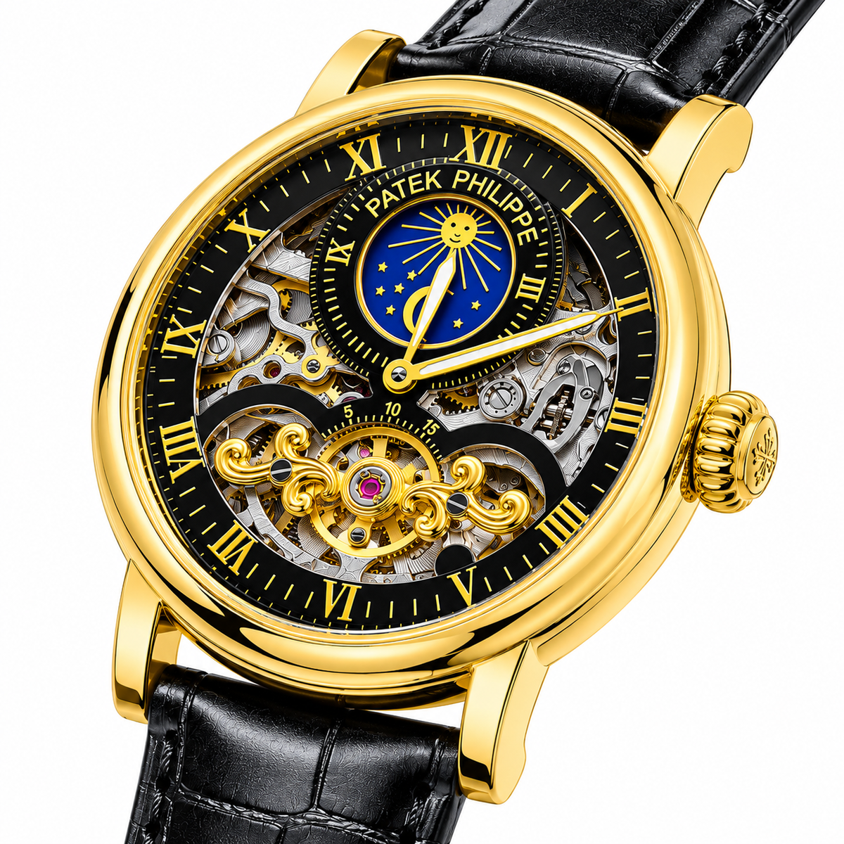 Luxury Gold Skeleton Automatic-Style Watch with Black Leather Strap – Blue Moon Dial