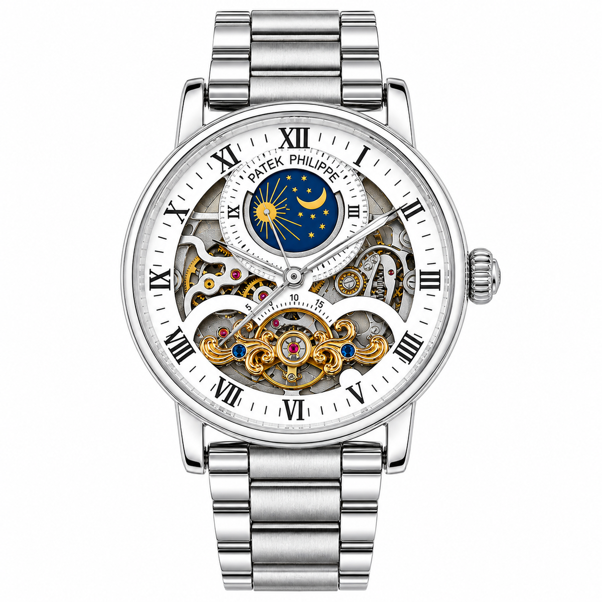 
                              Patek Philippe Skeleton Sun & Moon Stainless Steel Automatic Watch
                            